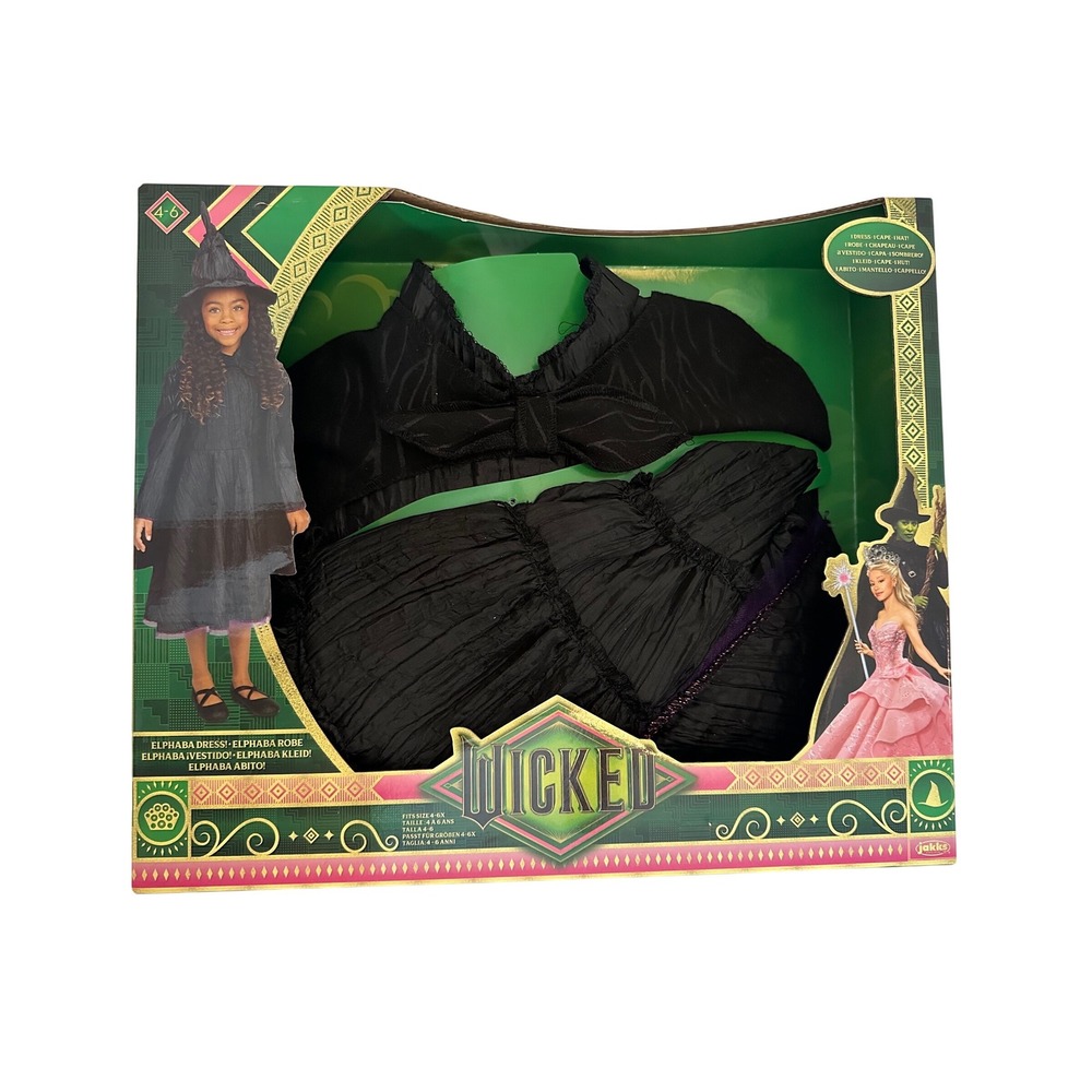 Wicked Deluxe Elphaba‎ Black Dress Cape Hat Costume Set Jakks Pacific Size 4-6X